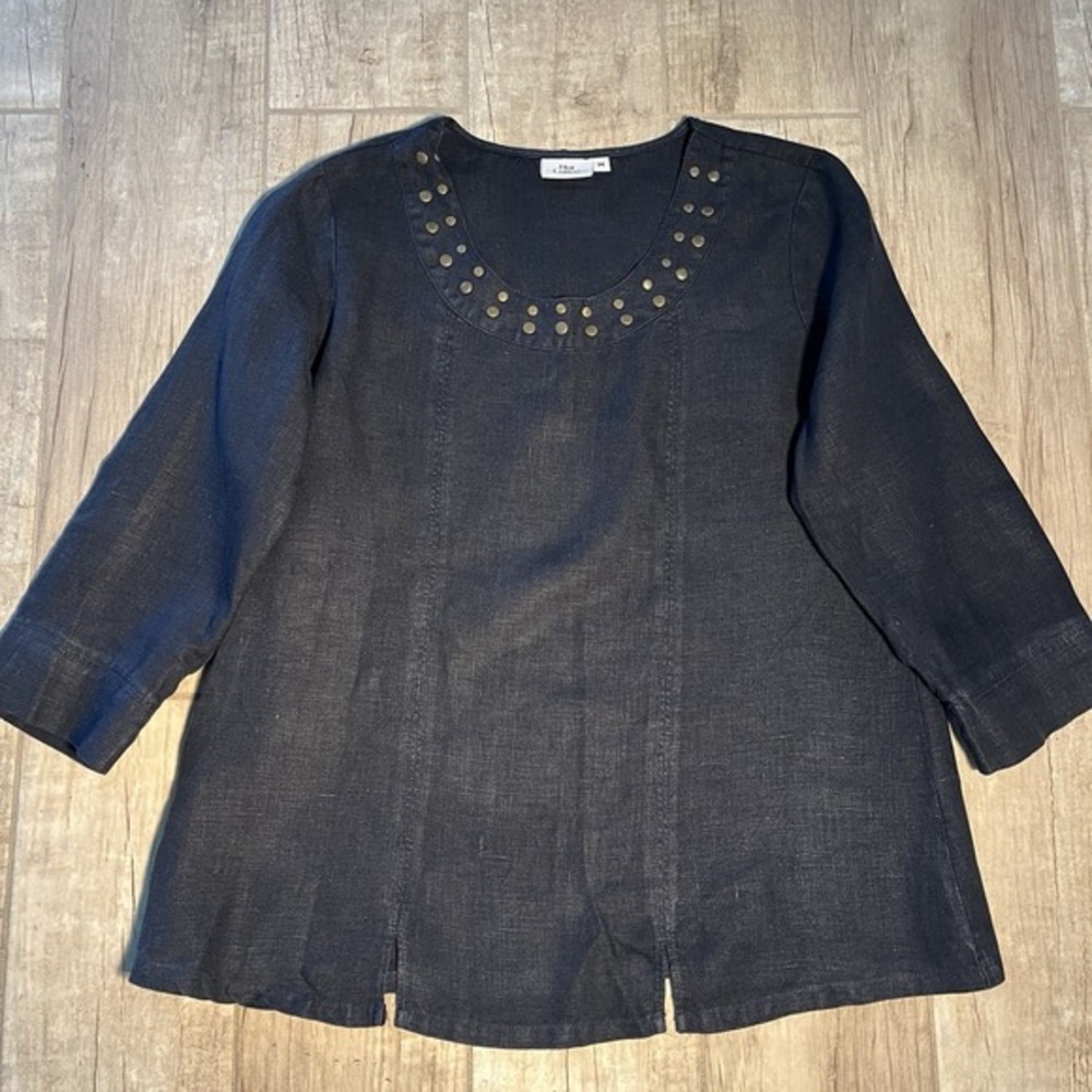 Hot Cotton Linen‎ Blend Long Sleeve Black Tunic Stud Neckline Lagenlook Medium